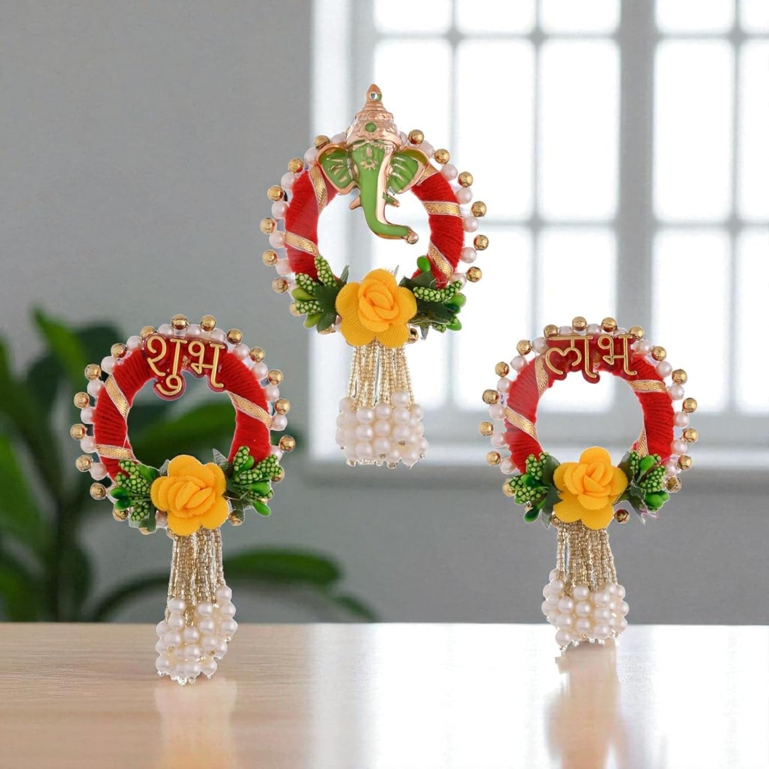 Subh Labh Ganesh Door Hanging Auspicious Home Decor for Good Luck and Prosperity (Red)