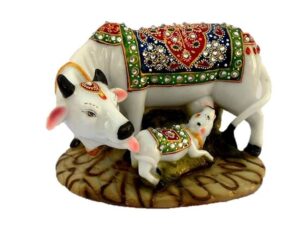 Decorative Marble Dust Cow & Calf Statue Printed Cow (Length 7 Inch, Width-4.5 Inch, Height-6 Inch)