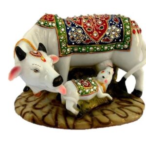 Decorative Marble Dust Cow & Calf Statue Printed Cow (Length 7 Inch, Width-4.5 Inch, Height-6 Inch)