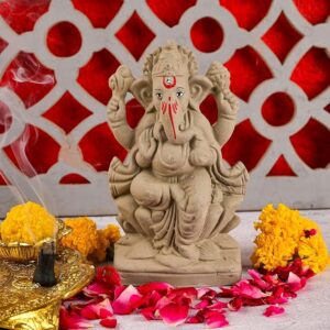 6 Inch Mitti Ganesh Idol | Eco-Friendly Handcrafted Mud/Clay Ganesh Murti | Ganpati Figurine for Visarjan | Biodegradable Lotus Ganesha Statue | Ganesh Chaturthi